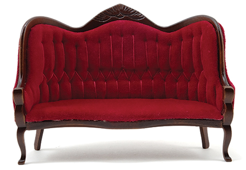 Victorian Sofa, Walnut with Red Velour Fabric